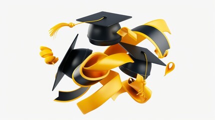 Wall Mural - A 3D illustration of academic caps with golden tassels and diploma scrolls flying in the air. School, college, university graduation ceremony. Academic year end.