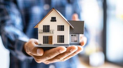 A man, the real estate agent, holding a miniature model house in his hands. Symbolic of mortgage, rent, and sale of real estate