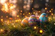 Three Decorated Easter Eggs Sitting in the Grass. Generative AI