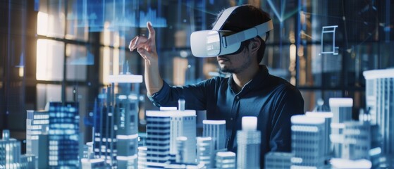 Poster - A modern architect wears a virtual reality headset to move, design, and manipulate buildings in a 3D city. Mixed reality and special effects software.