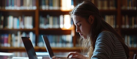 Poster - the university library: an attractive modern caucasian girl uses the laptop to prepare notes, to wri