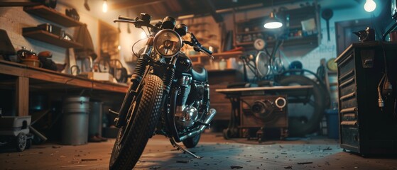 Authentic Bobber Motorcycle Standing in an Authentic Creative Workshop. Vintage Style Motorcycle Under Warm Lamp Light.