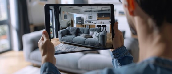 Poster - An over-the-shoulder screen shot with 3D rendering shows a man holding a digital tablet with AR interior design software choosing 3D furniture for his apartment.