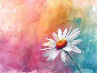 Wall Mural - Watercolor painting of a daisy on a vibrant pink, blue and yellow background, botanical art concept