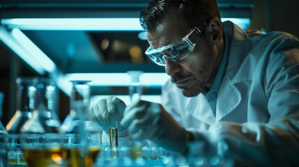 Poster - Focused scientist meticulously examining a chemical sample in a vial within the high-tech environment of a research laboratory.