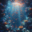 Sunlit Coral Reef Teeming With Shimmering Schools of Vibrant Fish in a Serene Underwater Wonderland