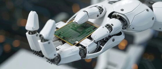 Poster - Authentic robot arm with supercomputer processor. Industrial robot manipulator end effector holding CPU chip.