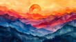 Sunset Symphony: Fauvist Watercolor Cascade Capturing Mountain Majesty in Vibrant Hues