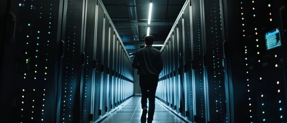 Poster - Male IT specialist walks through black data center, using laptop for maintenance. Concept for Cloud Computing, Artificial Intelligence, Supercomputer, Cybersecurity.