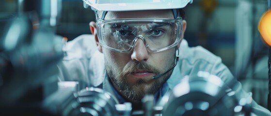 Poster - A close-up shot shows an industrial engineer wearing classes and a hard hat connecting two components he designed. Precision in Mechanical Engineering.