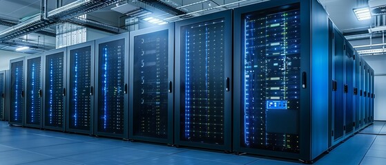 Poster - High-Tech Telecommunications Database Supercomputer in a Room. View of modern data center with multiple rows of fully operational server racks.