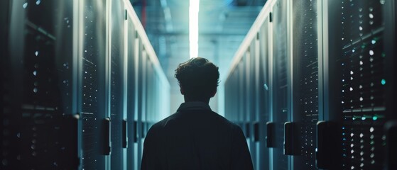 Wall Mural - A back view of an IT specialist working on a laptop in a data center next to server racks. The computer is running diagnostics or performing maintenance work.