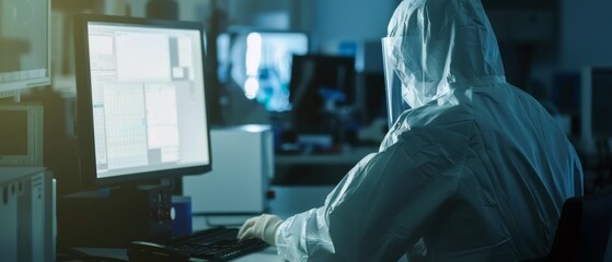 Poster - The image shows a scientist in protective clothing doing research on a laptop computer. The setting is a modern manufacturing plant producing semiconductors and pharmaceutical products.