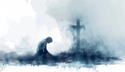 A man kneeling in prayer with the cross behind him, on a white background, in a soft watercolor style, with a dreamy atmosphere, and detailed character design, primarily in white and gray