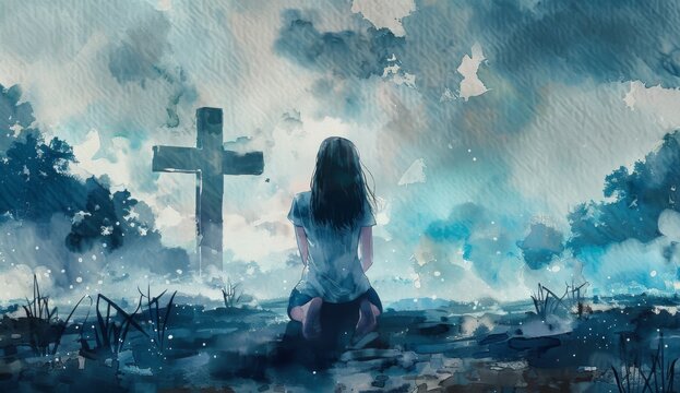 watercolor, woman kneeling in front of white cross, beautiful background, clipart on blue grey gradient background,