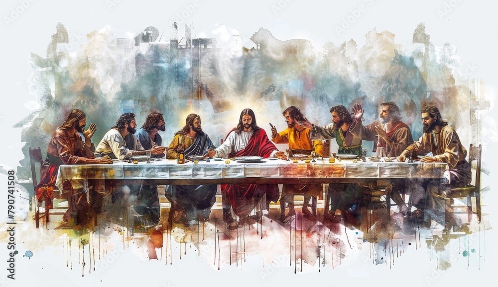 Watercolor painting of the last supper, Jesus sitting at head table ...