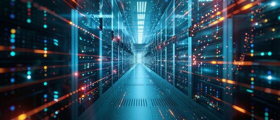 Poster - This is a picture of a working data center with rows of rack servers connected with Ethernet lines.