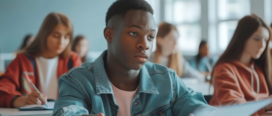 Poster - a classroom full of diverse students listens to a lecturer and writes in their notebooks. there are 