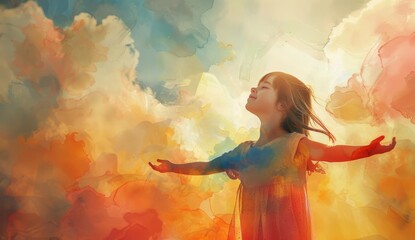 Wall Mural - A little girl stands with her arms outstretched, facing the sky in front of a watercolor background. The colors and brush strokes create an atmosphere that is both dreamy and ethereal. 