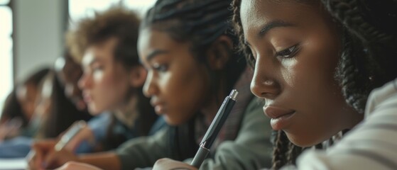 Canvas Print - Taking a test or exam in a classroom. Students hold pens and write in notebooks. Bright Young People Studying at a University.