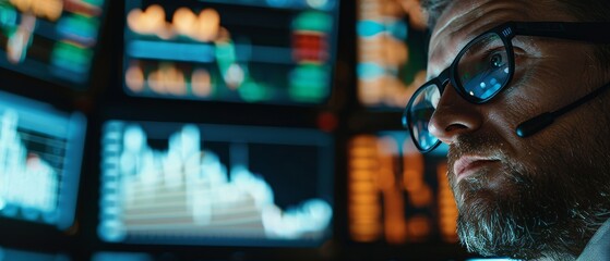 Poster - A Stock Market Top Trader examines projected ticker numbers and graphs while analyzing data to make the best sale. He is surrounded by screens and data in a room filled with screens.