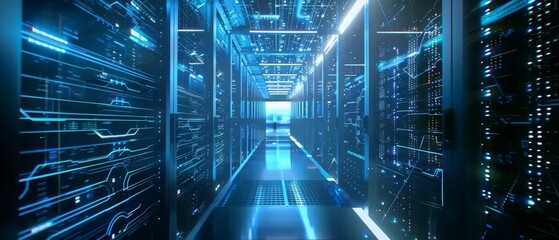 Poster - The corridor in this working data center is full of rack servers and supercomputers with a projection of the Internet connection.