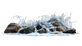 Fototapeta  - Sea or ocean water waves crashing into the rocks isolated on transparent background. Foam and splash, tropical spray crash on coast stone surface