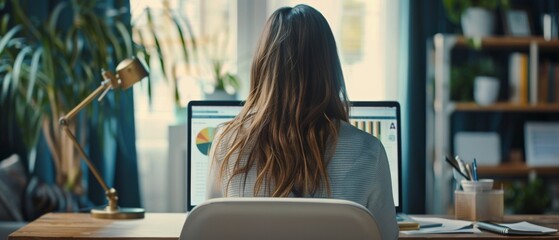 Poster - in a creative office, a female analyst is working on a laptop, showing statistics, graphs, and chart
