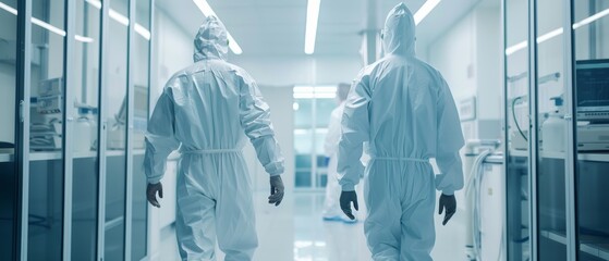 Poster - engineers or scientists in hazmat sterile suits walk through technologically advanced factory or lab