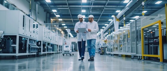 Poster - The Head of the Project discusses product details with the Chief Engineer while walking through the modern factory.