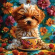 Cheerful Canine Companion Sipping Vibrant Coffee Amidst a Floral Filled Whimsical Haven