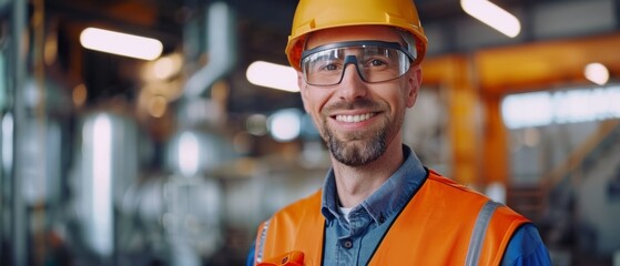 Poster - Hardhat wearer and safety jacket wearer smiles on camera while working at a large factory for heavy industry.