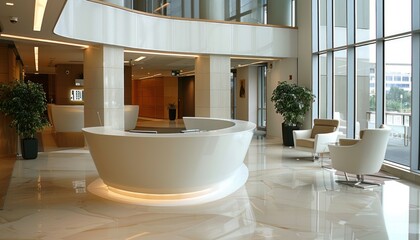 A spacious lobby with white reception desk and chairs