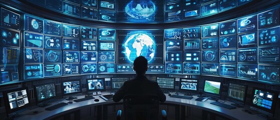 Poster - An information security specialist works at a system control center with a large wall of screens displaying various items of information.