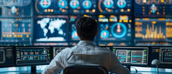 Poster - The technical controller is working at a workstation with multiple displays, which display technical information. There is only one person in the System Control Center.