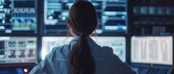 Poster - Various shots of a female IT engineer in a monitoring room. She works with a variety of displays.