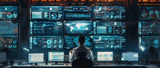 Poster - In the system control center there are several screens displaying various information. System security specialist working at the system control center.