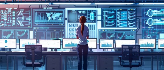 Poster - Various information can be seen on working monitors in the background. System engineers are in control of the operational proceedings.