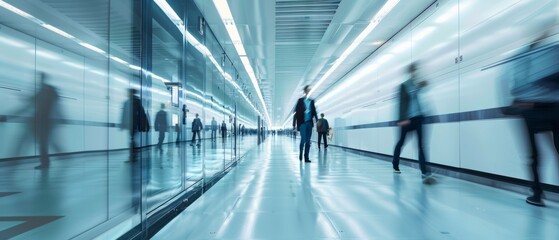 Poster - There is a noticeable motion blur in this shot of a corridor in a large data center full of people walking and working.