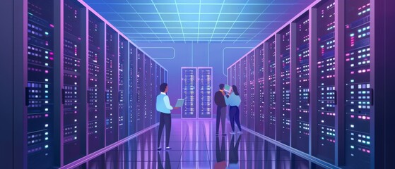 Poster - In a huge data center with rack servers, an IT technician works on a laptop. Multiple people can be found working in the data center simultaneously.