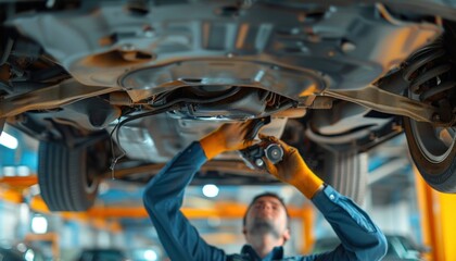 A man gestures underneath an electric blue vehicle in a garage