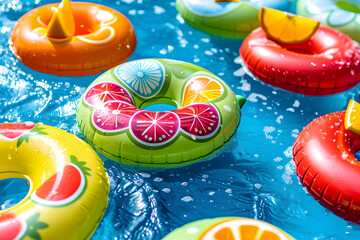 Wall Mural - Colorful summer inflatable pool floats on a blue water background.