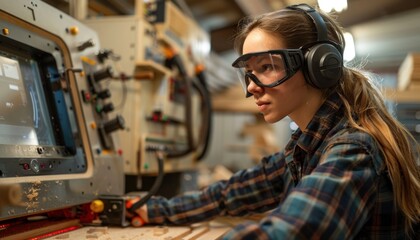 Wall Mural - a woman wearing headphones and goggles is working on a machine in a factory