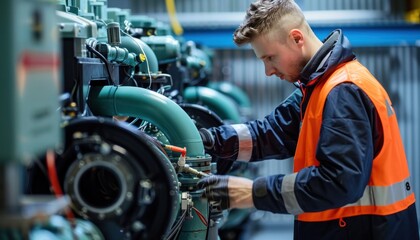 Wall Mural - Man in workwear assembling automotive tires on machine in factory