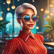 A short haired blonde woman with sunglasses in a club