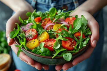 Poster - Healthy lifestyle concept Woman holding a bowl of fresh salad with tomatoes and vegetables on a table