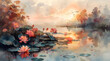 Dawn's Serenade: Impressionistic Riverside Awash with Morning Light and Butterflies