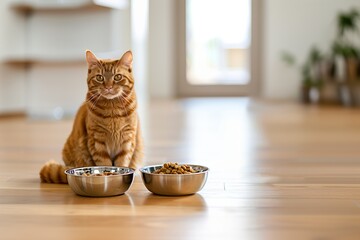 Wall Mural - A cat is sitting in front of two bowls of food