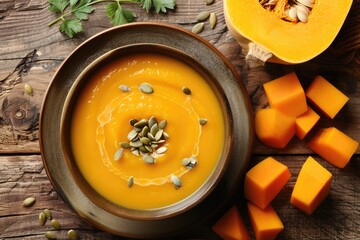 Wall Mural - Autumn Comfort: Creamy Butternut Squash Soup with Pumpkin Seeds and Mashed Squash in Bowl