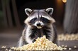 A raccoon eating popcorn. Cute wild animal